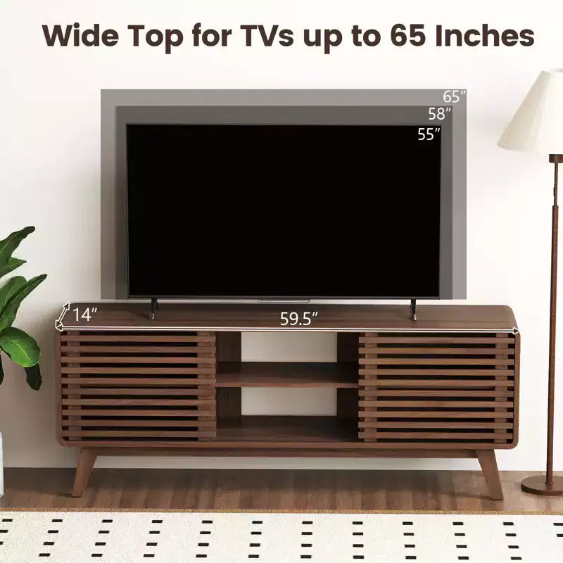 Meuble TV Costway avec portes coulissantes, étagères réglables et pieds en bois d'hévéa, pour téléviseurs jusqu'à 65 pouces