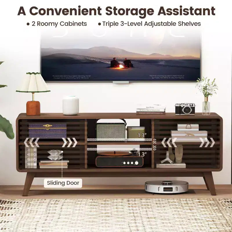 Meuble TV Costway avec portes coulissantes, étagères réglables et pieds en bois d'hévéa, pour téléviseurs jusqu'à 65 pouces