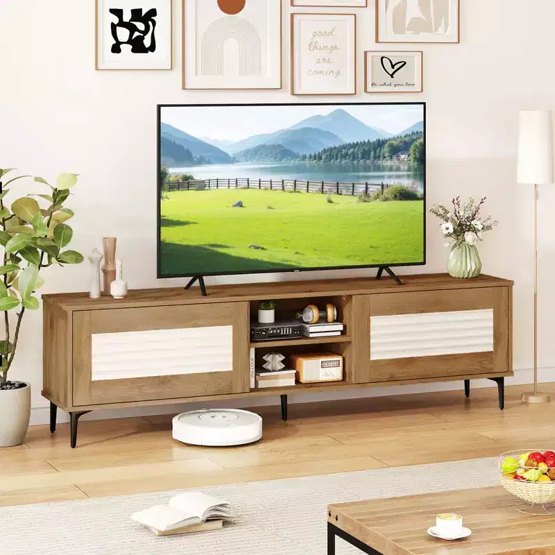 Meuble TV Costway avec 2 armoires de rangement et étagères ouvertes, trou passe-câbles pour téléviseurs jusqu'à 70 pouces