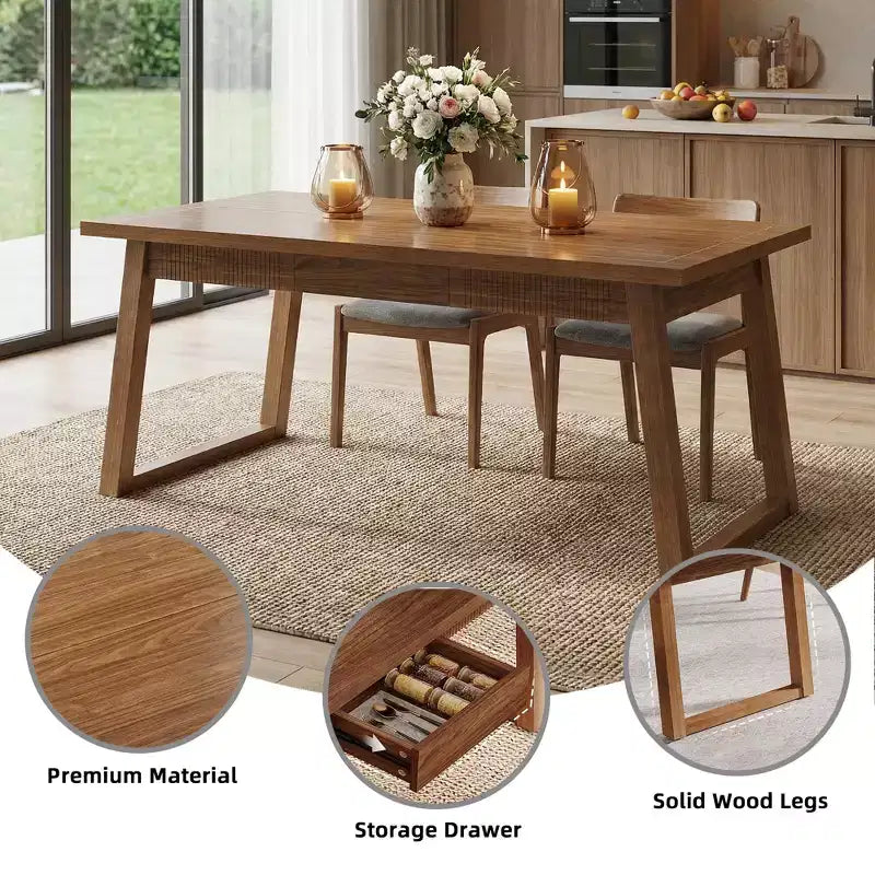 MAYEERTY Table à manger rectangulaire 55, Table à pieds en bois massif avec tiroir pour 4 à 6 personnes
