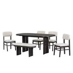 Ensemble de table à manger en bois massif avec banc pour 5 personnes, 6 pièces, ensemble de table de salle à manger rectangulaire rembourrée avec 4 chaises et un banc