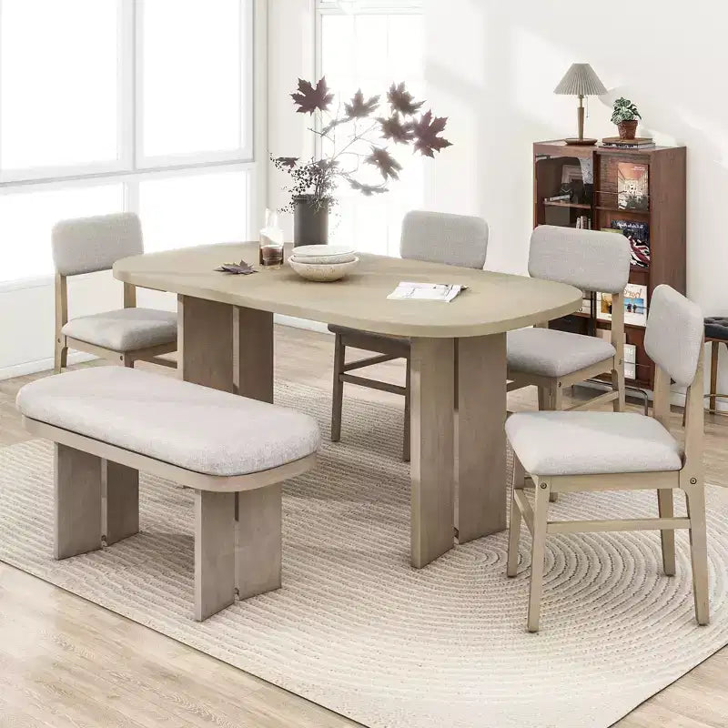 Ensemble de table à manger en bois massif avec banc pour 5 personnes, 6 pièces, ensemble de table de salle à manger rectangulaire rembourrée avec 4 chaises et un banc