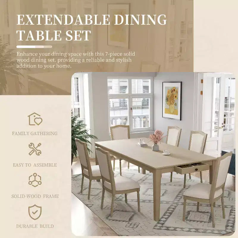 Ensemble de salle à manger rustique extensible pour 6 personnes, table à manger rectangulaire 7 pièces avec 6 chaises rembourrées, ensemble de table de cuisine avec 2 tiroirs