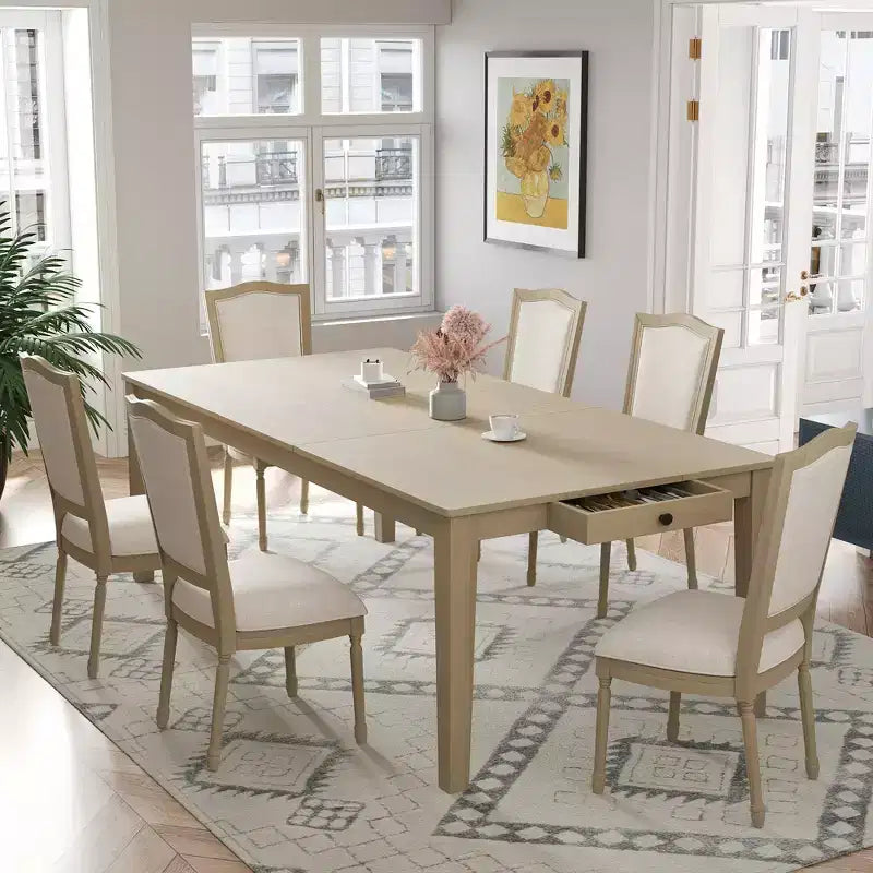 Ensemble de salle à manger rustique extensible pour 6 personnes, table à manger rectangulaire 7 pièces avec 6 chaises rembourrées, ensemble de table de cuisine avec 2 tiroirs