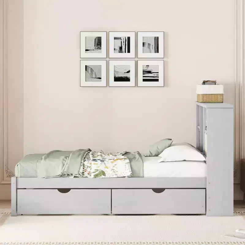 Bellemave Cadre de lit simple moderne avec port USB intégré dans la tête de lit bibliothèque et 2 tiroirs