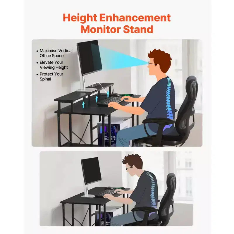 VEVOR Bureau de Gaming 47" avec Lumières LED et Prises de Courant, Bureau d'Ordinateur avec Support de Moniteur et Étagères de Rangement à 2 Niveaux, pour Études et Travail, Noir