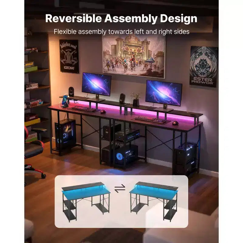 VEVOR Bureau de Gaming 47" avec Lumières LED et Prises de Courant, Bureau d'Ordinateur avec Support de Moniteur et Étagères de Rangement à 2 Niveaux, pour Études et Travail, Noir