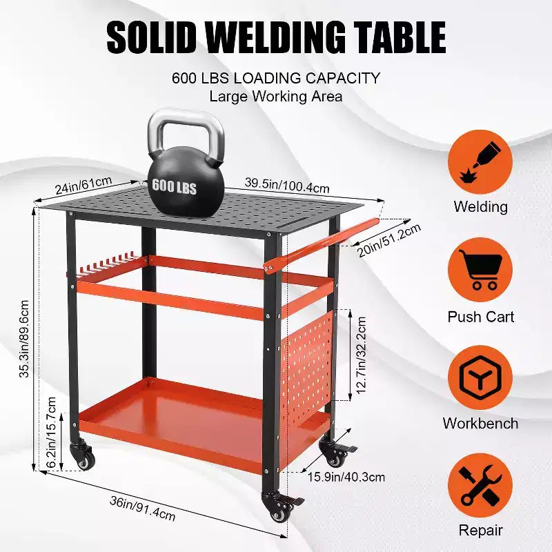 Chariot de table de soudage robuste avec roues, plateau d'établi en acier de 91 x 61 cm, table de travail de soudage portable de 544 kg avec trous de fixation