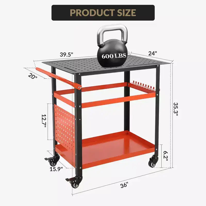 Chariot de table de soudage robuste avec roues, plateau d'établi en acier de 91 x 61 cm, table de travail de soudage portable de 544 kg avec trous de fixation