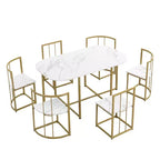 Ensemble de salle à manger moderne en marbre pour 6 personnes avec structure en métal, table rectangulaire en marbre autocollant et 6 chaises pour salle à manger et cuisine.