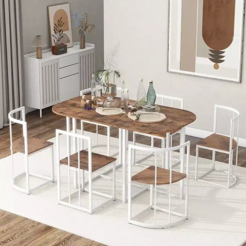 Ensemble de salle à manger moderne en marbre pour 6 personnes avec structure en métal, table rectangulaire en marbre autocollant et 6 chaises pour salle à manger et cuisine.