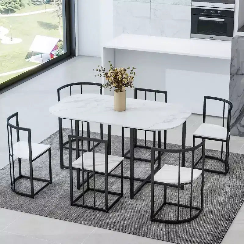Ensemble de salle à manger moderne en marbre pour 6 personnes avec structure en métal, table rectangulaire en marbre autocollant et 6 chaises pour salle à manger et cuisine.
