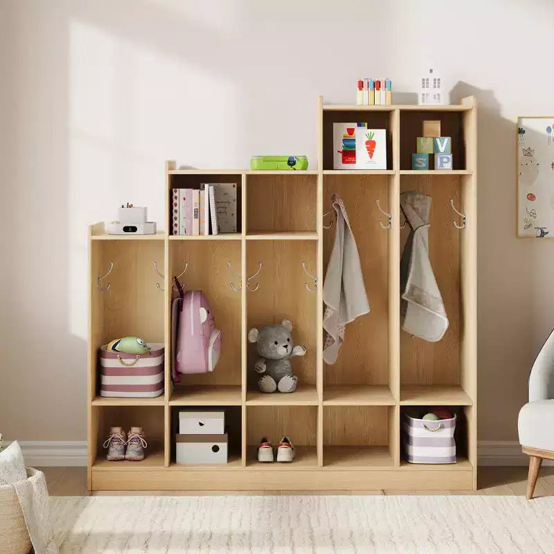 Vestiaire de salle de classe à 5 sections avec 9 casiers, organisateur de rangement en bois avec 10 patères, casiers de salle de classe pour la maison, le bureau, l'école, la salle de sport