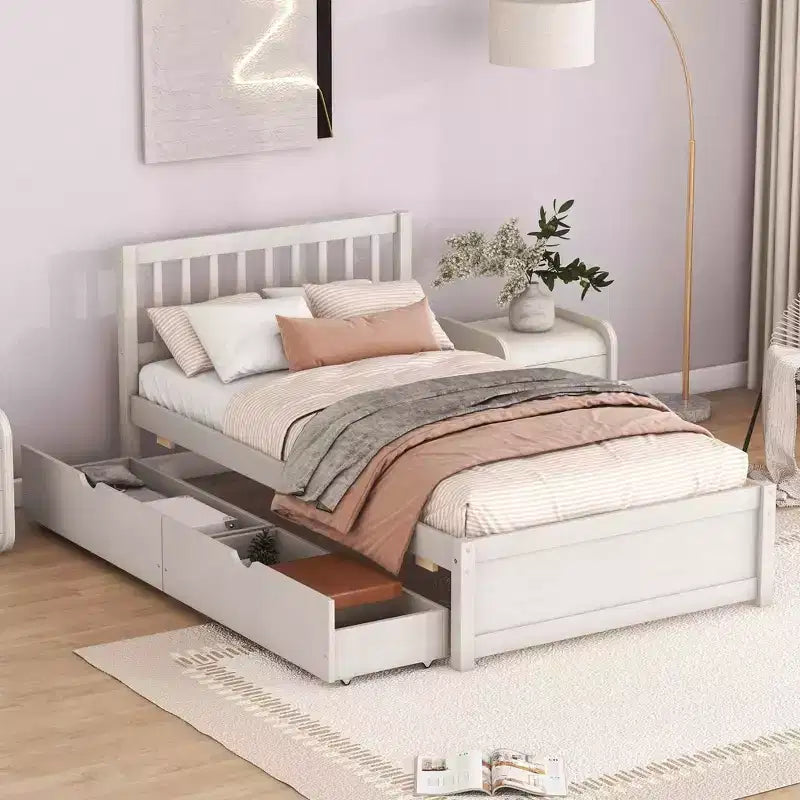 Lit plateforme moderne MAYEERTY taille double, cadre en bois blanchi avec 2 tiroirs