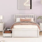 Lit plateforme moderne MAYEERTY taille double, cadre en bois blanchi avec 2 tiroirs