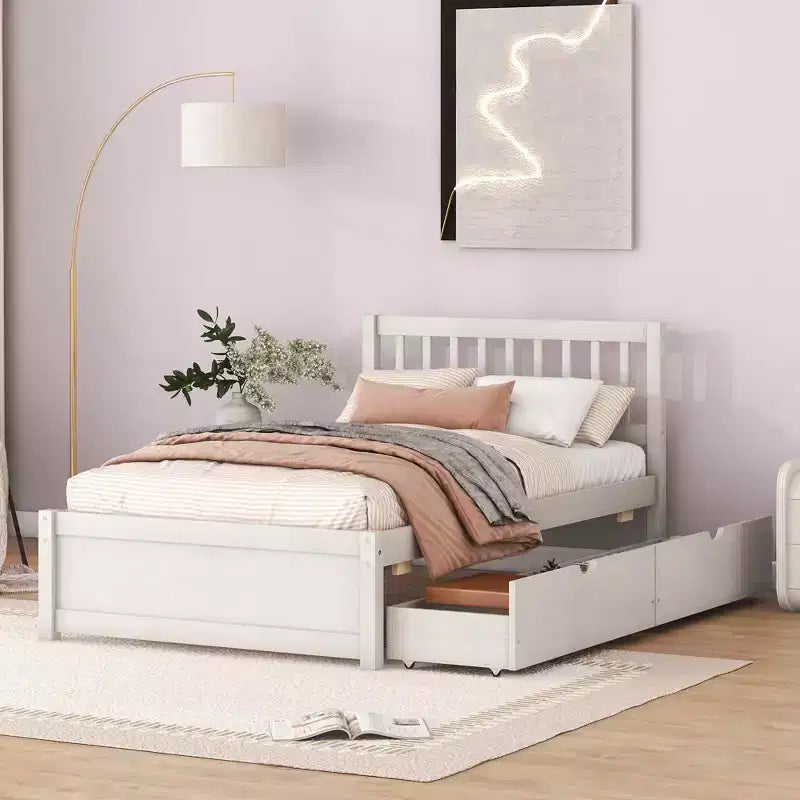 Lit plateforme moderne MAYEERTY taille double, cadre en bois blanchi avec 2 tiroirs