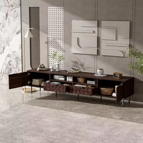 Meuble TV 78 po pour téléviseurs jusqu'à 85 po, Console TV marron Meuble TV Meuble de divertissement avec porte et tiroirs à fermeture douce en diamant - ModernLuxe
