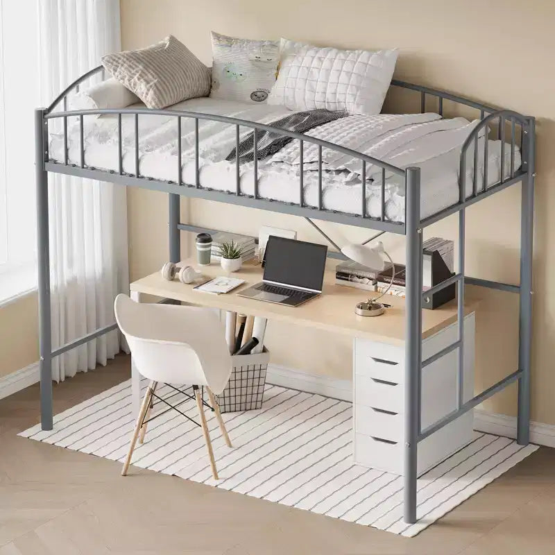 Lit mezzanine deux places, Cadre de lit mezzanine en métal robuste avec garde-corps incurvé et échelle de sécurité, Gain de place, Pas besoin de sommier tapissier, Gris moderne