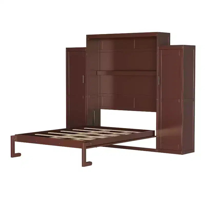 Lit escamotable MAYEERTY Queen Size avec 2 armoires et étagère de rangement, Cadre de lit multifonctionnel pliable pour chambre à coucher, Noyer