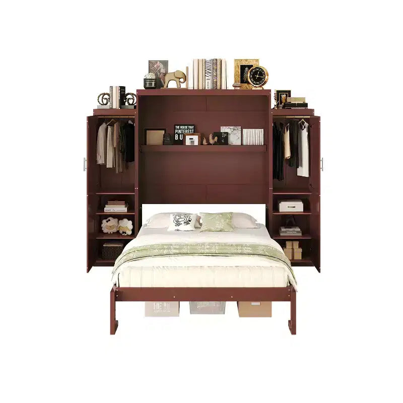 Lit escamotable MAYEERTY Queen Size avec 2 armoires et étagère de rangement, Cadre de lit multifonctionnel pliable pour chambre à coucher, Noyer