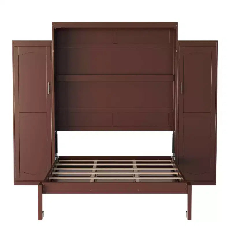 Lit escamotable MAYEERTY Queen Size avec 2 armoires et étagère de rangement, Cadre de lit multifonctionnel pliable pour chambre à coucher, Noyer