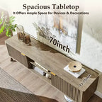 Meuble TV moderne de 70 po, Centre de divertissement pour téléviseurs jusqu'à 80 po, Console multimédia en bois avec rangement ouvert et armoires latérales