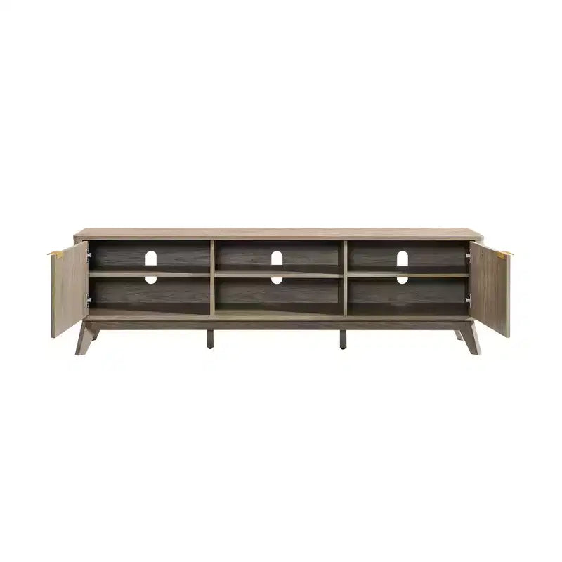 Meuble TV moderne de 70 po, Centre de divertissement pour téléviseurs jusqu'à 80 po, Console multimédia en bois avec rangement ouvert et armoires latérales