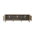 Meuble TV moderne de 70 po, Centre de divertissement pour téléviseurs jusqu'à 80 po, Console multimédia en bois avec rangement ouvert et armoires latérales