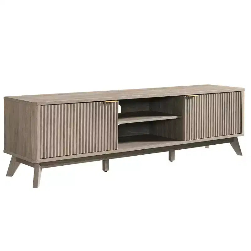 Meuble TV moderne de 70 po, Centre de divertissement pour téléviseurs jusqu'à 80 po, Console multimédia en bois avec rangement ouvert et armoires latérales