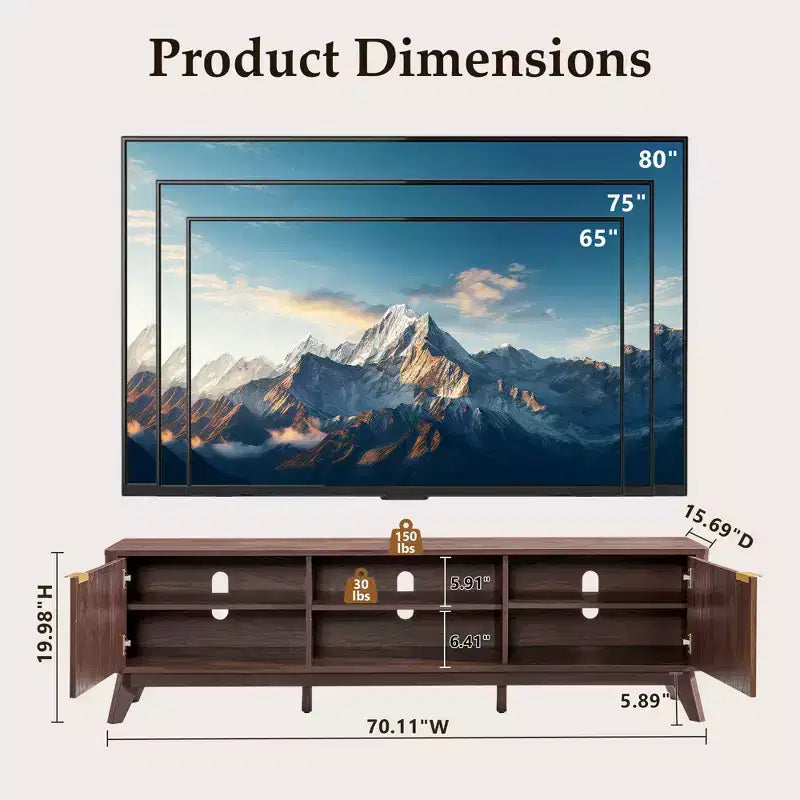 Meuble TV moderne de 70 po, Centre de divertissement pour téléviseurs jusqu'à 80 po, Console multimédia en bois avec rangement ouvert et armoires latérales