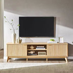 Meuble TV moderne de 70 po, Centre de divertissement pour téléviseurs jusqu'à 80 po, Console multimédia en bois avec rangement ouvert et armoires latérales