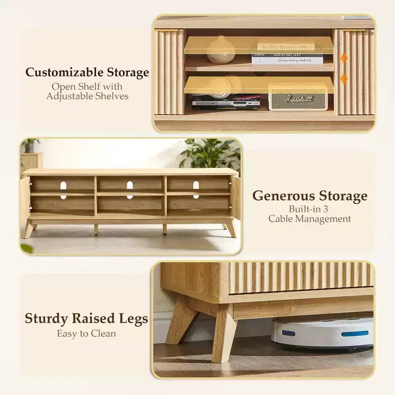 Meuble TV moderne de 70 po, Centre de divertissement pour téléviseurs jusqu'à 80 po, Console multimédia en bois avec rangement ouvert et armoires latérales