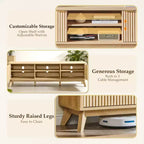 Meuble TV moderne de 70 po, Centre de divertissement pour téléviseurs jusqu'à 80 po, Console multimédia en bois avec rangement ouvert et armoires latérales
