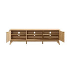 Meuble TV moderne de 70 po, Centre de divertissement pour téléviseurs jusqu'à 80 po, Console multimédia en bois avec rangement ouvert et armoires latérales