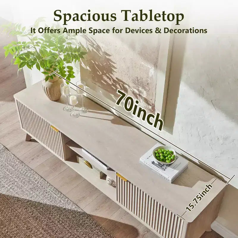 Meuble TV moderne de 70 po, Centre de divertissement pour téléviseurs jusqu'à 80 po, Console multimédia en bois avec rangement ouvert et armoires latérales