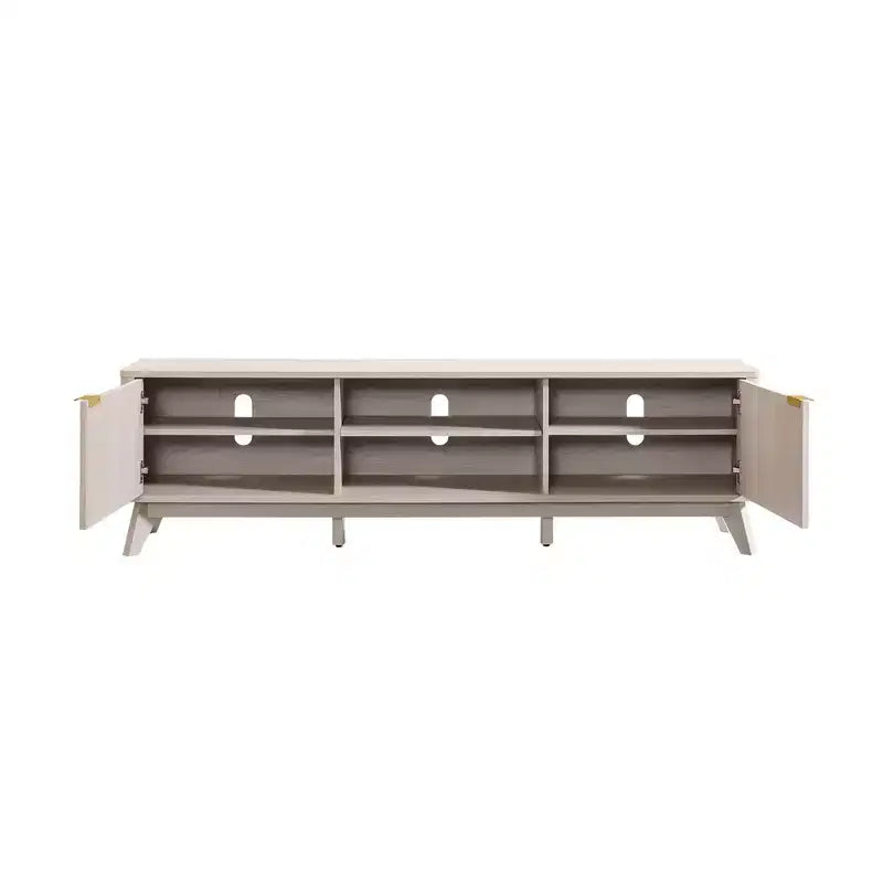 Meuble TV moderne de 70 po, Centre de divertissement pour téléviseurs jusqu'à 80 po, Console multimédia en bois avec rangement ouvert et armoires latérales