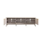 Meuble TV moderne de 70 po, Centre de divertissement pour téléviseurs jusqu'à 80 po, Console multimédia en bois avec rangement ouvert et armoires latérales
