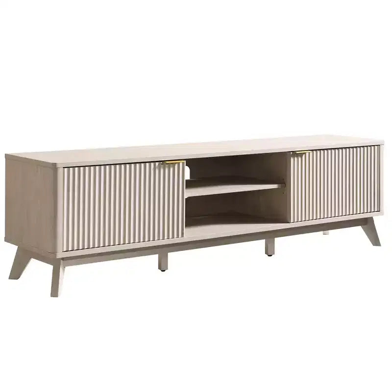 Meuble TV moderne de 70 po, Centre de divertissement pour téléviseurs jusqu'à 80 po, Console multimédia en bois avec rangement ouvert et armoires latérales
