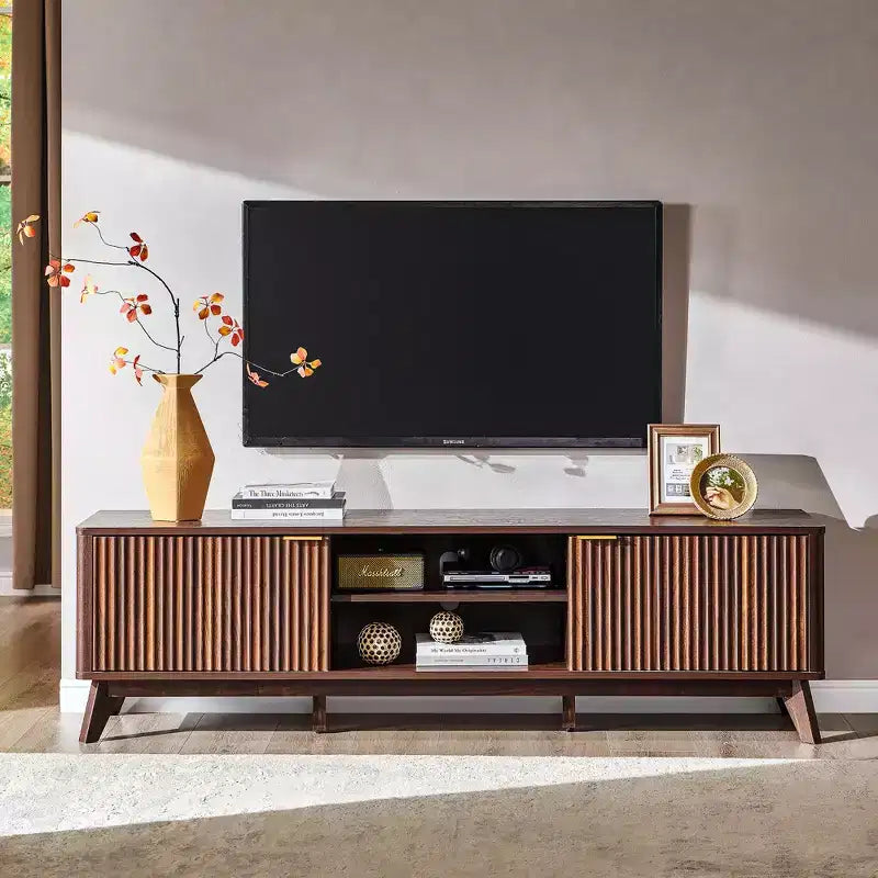 Meuble TV moderne de 70 po, Centre de divertissement pour téléviseurs jusqu'à 80 po, Console multimédia en bois avec rangement ouvert et armoires latérales