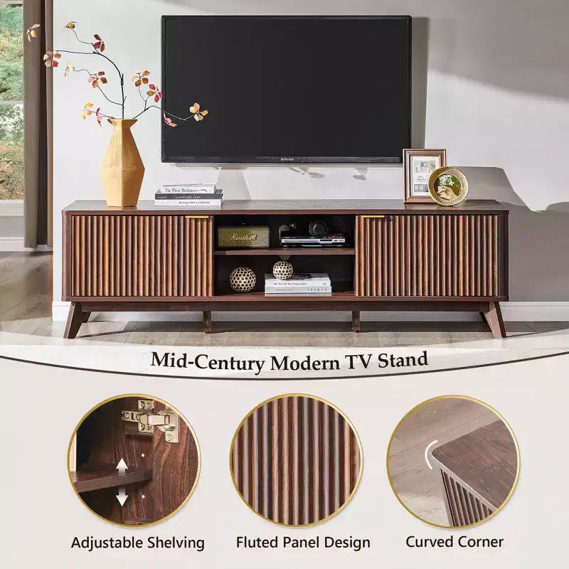 Meuble TV moderne de 70 po, Centre de divertissement pour téléviseurs jusqu'à 80 po, Console multimédia en bois avec rangement ouvert et armoires latérales