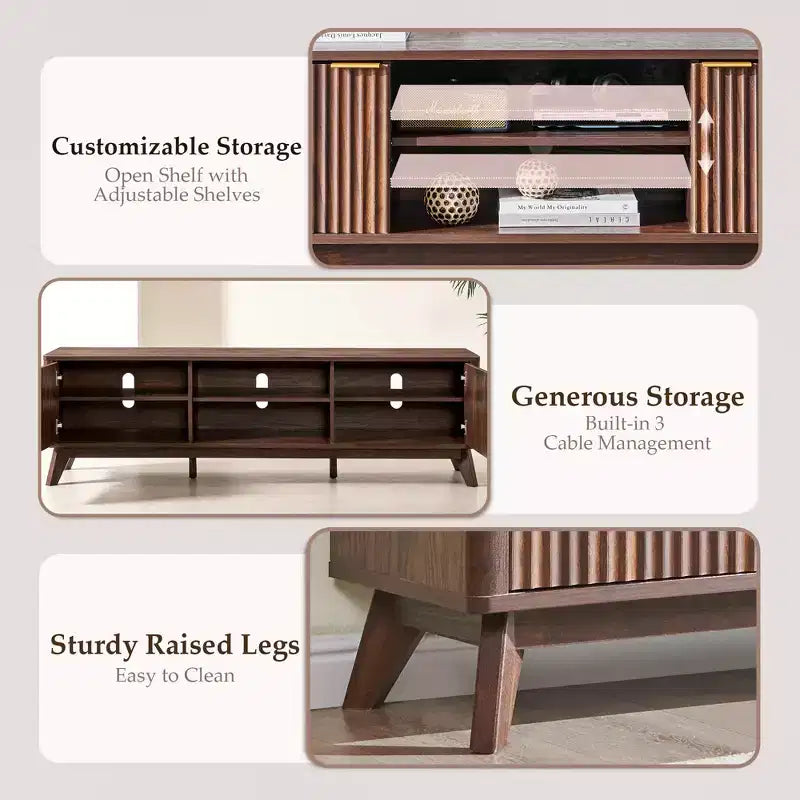 Meuble TV moderne de 70 po, Centre de divertissement pour téléviseurs jusqu'à 80 po, Console multimédia en bois avec rangement ouvert et armoires latérales