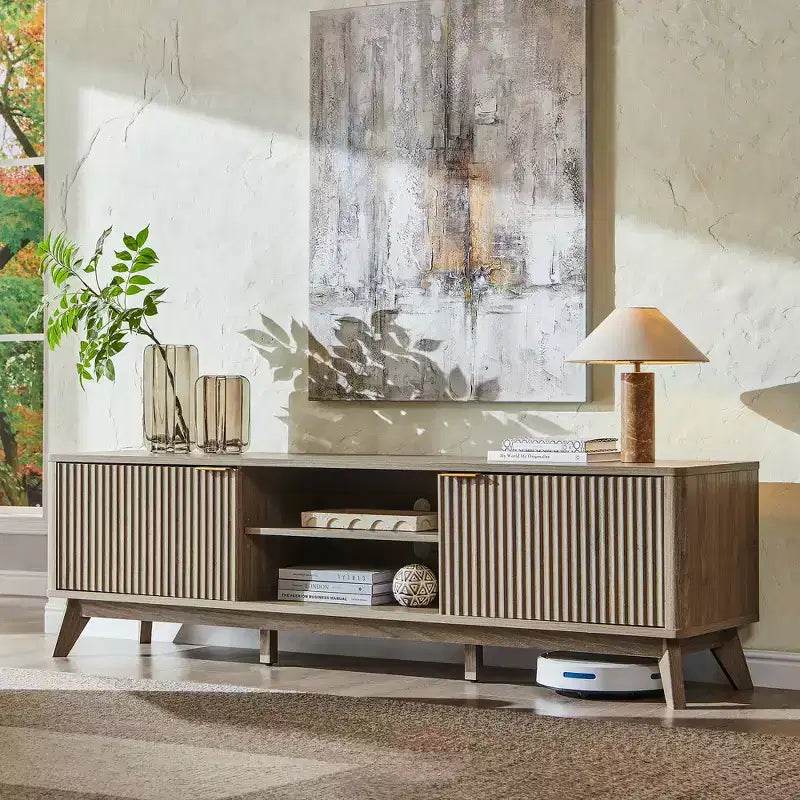 Meuble TV moderne de 70 po, Centre de divertissement pour téléviseurs jusqu'à 80 po, Console multimédia en bois avec rangement ouvert et armoires latérales