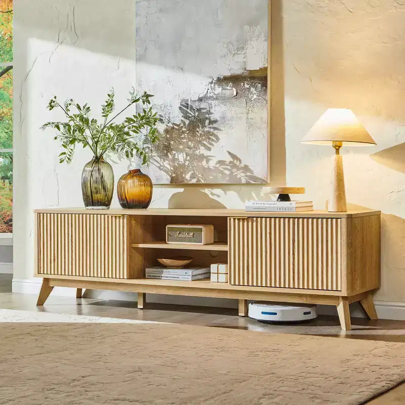 Meuble TV moderne de 70 po, Centre de divertissement pour téléviseurs jusqu'à 80 po, Console multimédia en bois avec rangement ouvert et armoires latérales