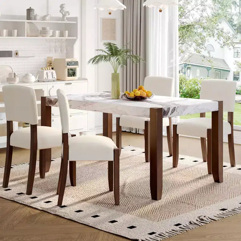Ensemble de salle à manger en faux marbre pour 4 personnes, table à manger rectangulaire 5 pièces avec 4 chaises rembourrées pour petite cuisine