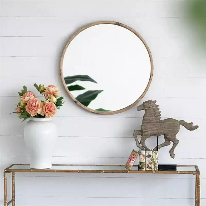 Miroir Mural Rond Rustique de 28 po, Miroir Décoratif Circulaire en Bois de Sapin pour Entrée et Salon - Panipeachy