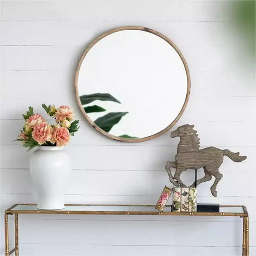 Miroir Mural Rond Rustique de 28 po, Miroir Décoratif Circulaire en Bois de Sapin pour Entrée et Salon - Panipeachy