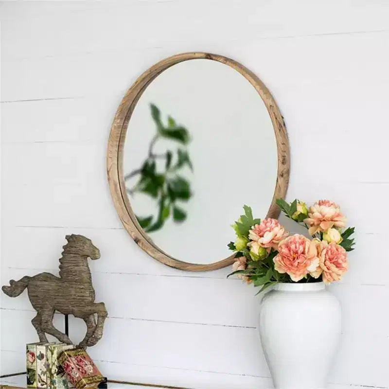 Miroir Mural Rond Rustique de 28 po, Miroir Décoratif Circulaire en Bois de Sapin pour Entrée et Salon - Panipeachy
