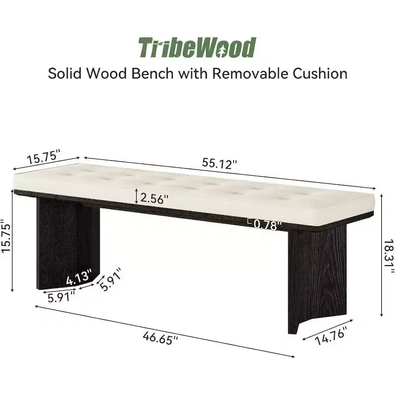 Banc Lantine en bois massif avec coussin amovible, banc à chaussures moderne de 55 pouces pour entrée, salle à manger, salon, pied de lit