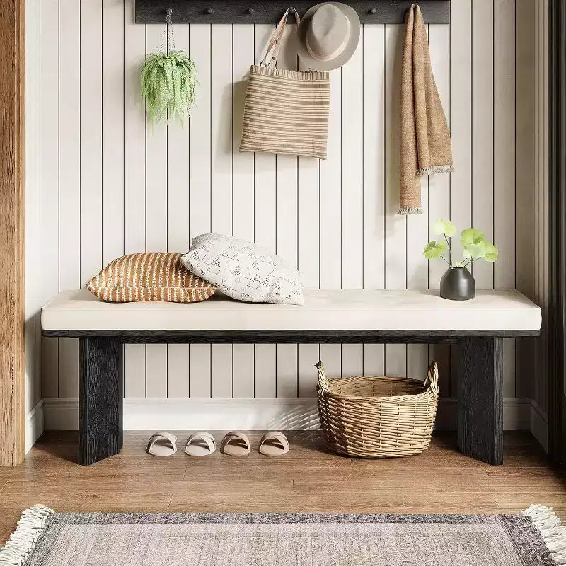 Banc Lantine en bois massif avec coussin amovible, banc à chaussures moderne de 55 pouces pour entrée, salle à manger, salon, pied de lit