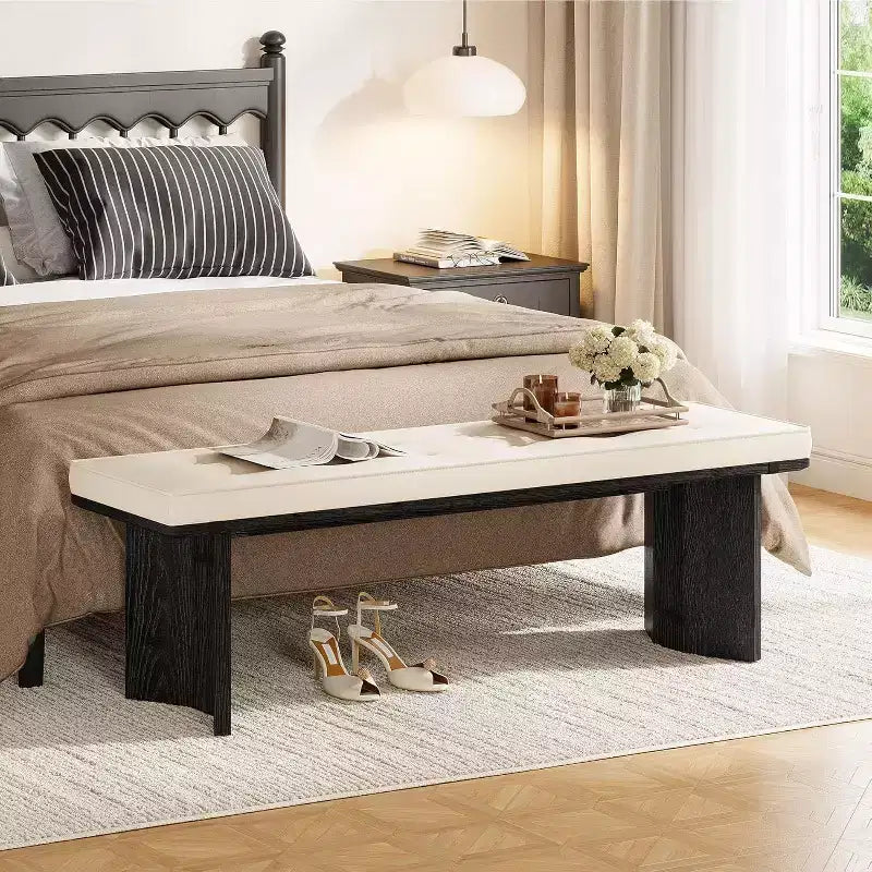 Banc Lantine en bois massif avec coussin amovible, banc à chaussures moderne de 55 pouces pour entrée, salle à manger, salon, pied de lit